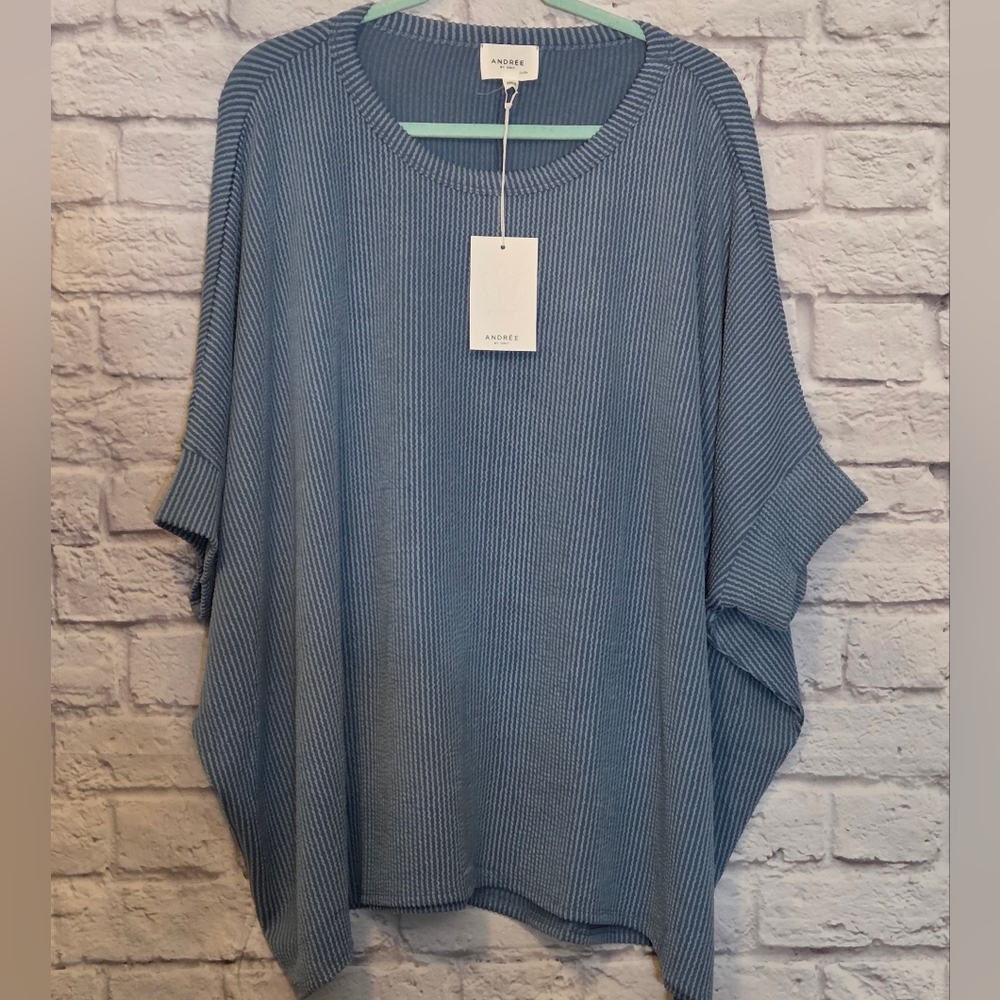 Andree By Unit Plus Size Raised Rib Dolman Short Sleeve Blue Women's Top
